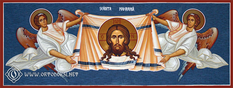Käsittätehty Kristus -ikoni kuvattuna romanialaisessa seinämaalauksessa.